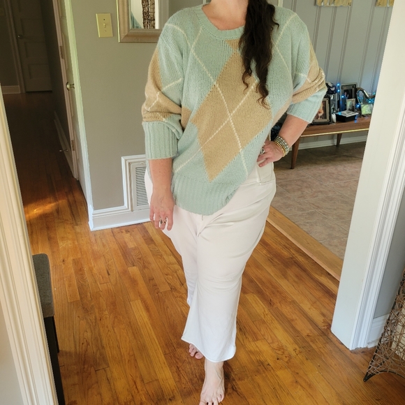 Ellos Plus Size Oversized Antique Mint Argyle Pullover Sweater Size 2X - Picture 5 of 16